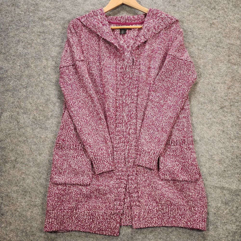 Tahari Open Front Knit Cardigan Womens Medium Red Burgundy Hooded Pockets Cozy